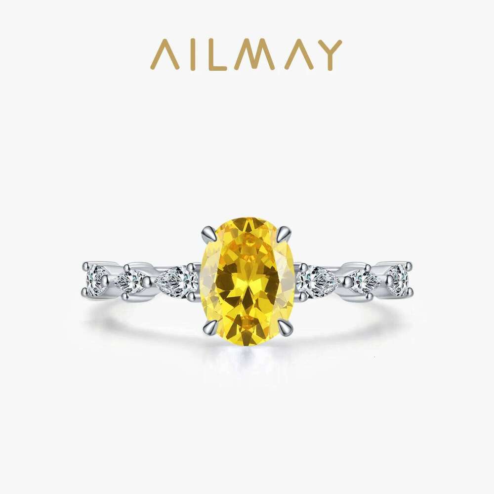 Ailmay 925 Sterling Silver Oval Yellow Shining Crystal Finger Ring For Women Engagement Wedding Trendy Fine Jewelry Gift H260312