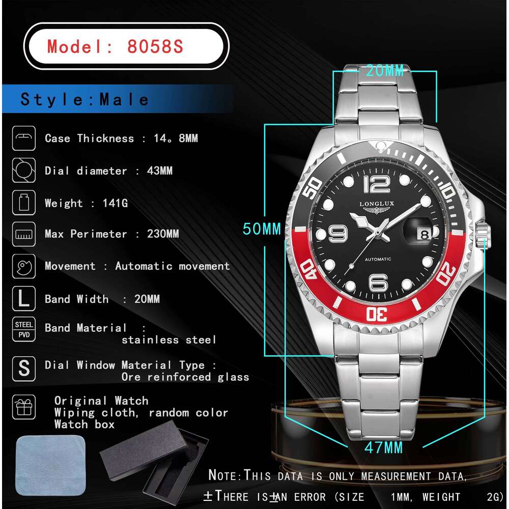 LONGLUX automatic man luxury mechanical wristwatches stainless steel skeleton day date waterproof mens watch men gift