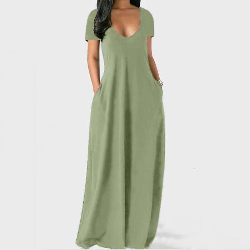 European American spring and summer women's solid color dress sexy deep V short-sleeved long skirt C260312