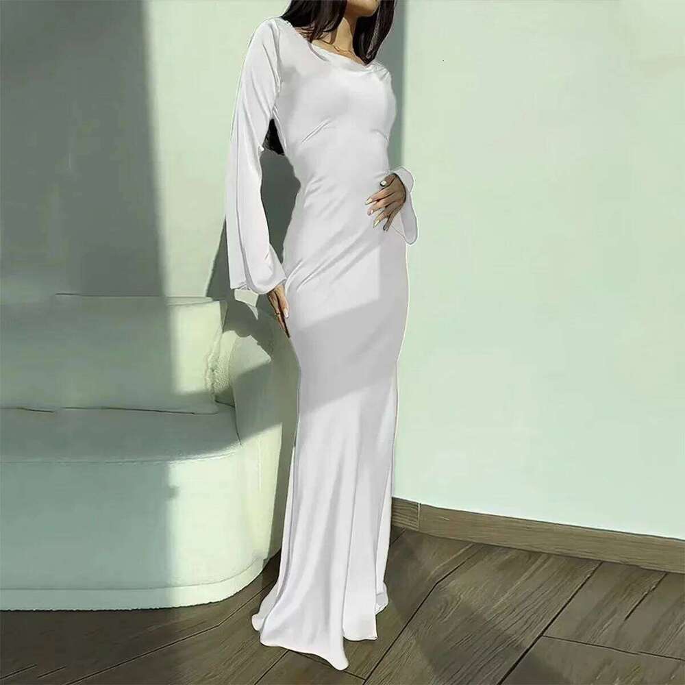 Autumn Winter Women's Long Sleeve round Neck Belted Waist Ankle Length Pure Color Lazy Style National Trend Dress C260312