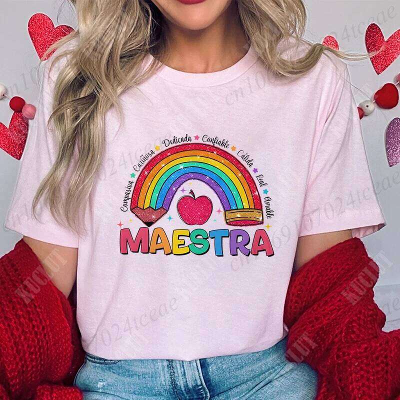 MAESTRA Rainbow Print Women T Shirt Casual O Neck Short Sleeve T-shirts Fashion Comfy Tee Shirts Best Gift To Teacher Z260312