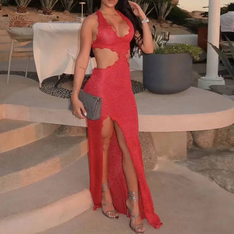 Summer Sexy Deep V Sleeveless Knitted Fashion Hollow Hight Waist Skinny Women Elegant Split Backless Irregular Dress