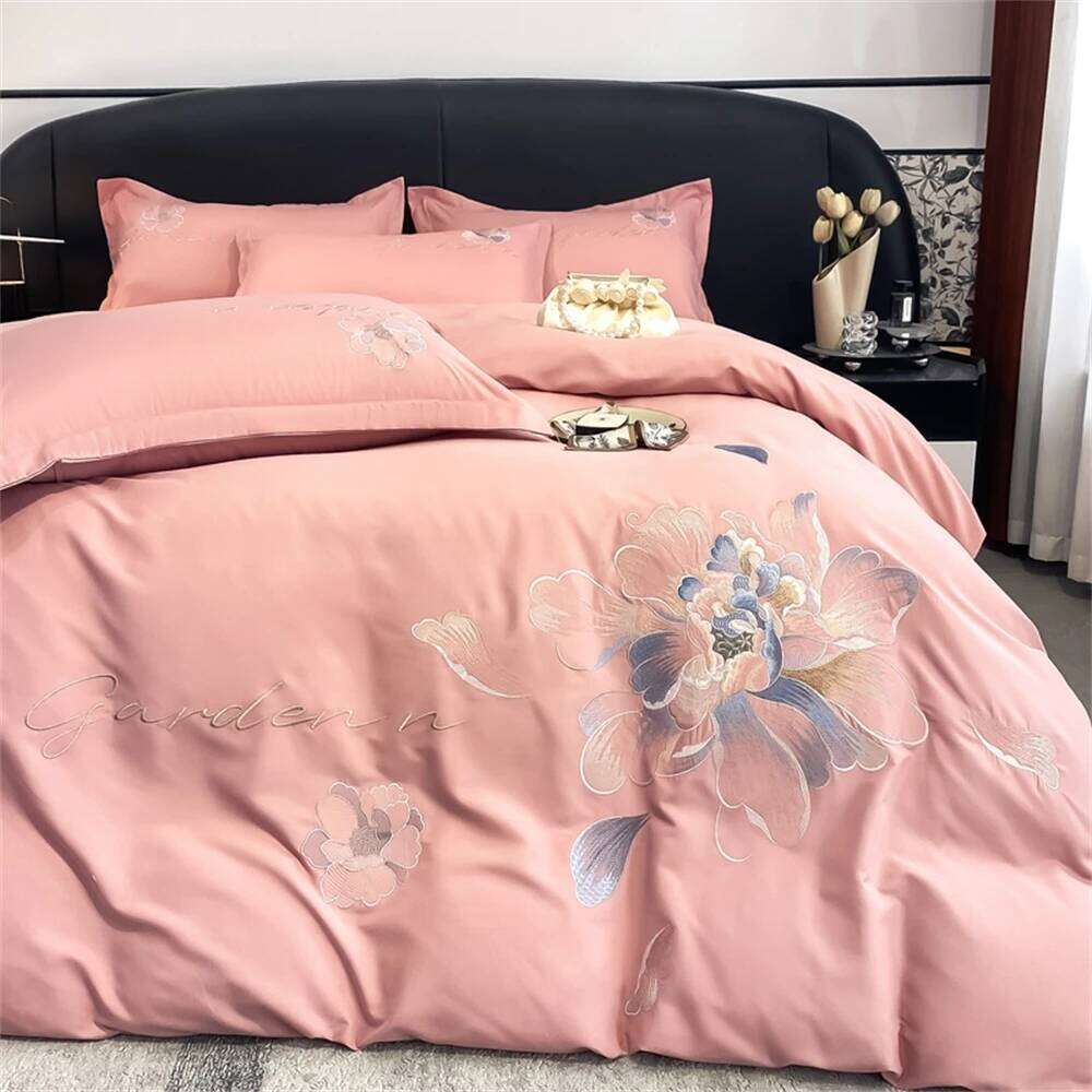Flowers Embroidery Bedding Light Brushed Four-Piece Girl Bedroom Decor King Duvet Cover Set Bed Sheet Pillowcases H260312