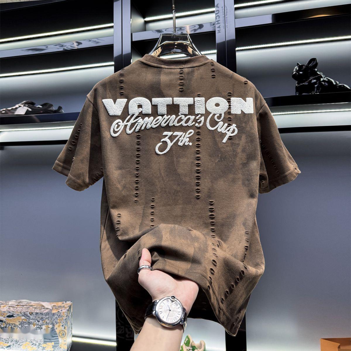 Luma hop European Men's High-End Design Sense Distressed Crew Neck Short T-Shirt Men 2025 New Trendy Brand Summer American Style Half Sleeve