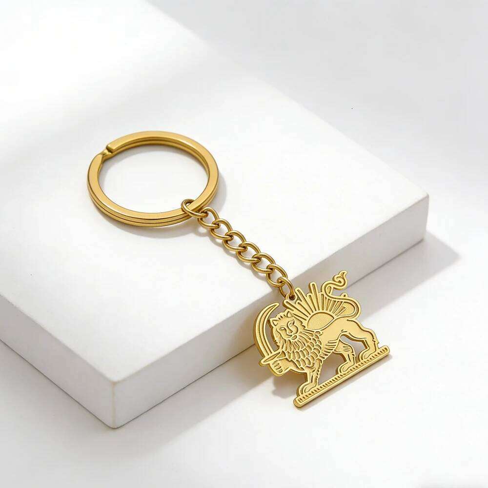 Skyrim Iran Persian Lion Sun Keychain Stainless Steel Gold Color Keyring Key Chains Bag Accessories Gift for Women Men