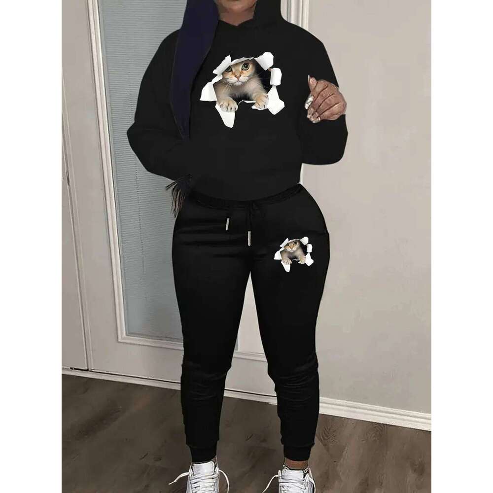 Women's Autumn/Winter Fashion Casual 3D Cat Pattern Printed Thick Warm Hoodie+Sports Pants Set C260312