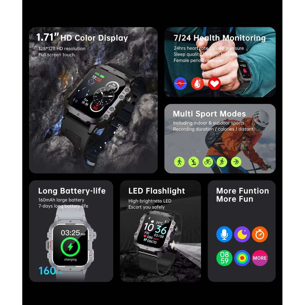 G.L Wear 2026 New Men's Smart Watch Outdoor Sports Health Monitor with LED Flashlight Bluetooth Call Women's Smartwatch