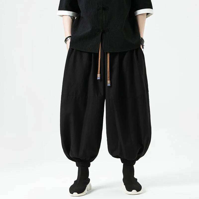 2024 Summer Wide Leg Dark Wind Solid Color Casual Japanese Styles Harun Men Cotton Linen Lantern Pants