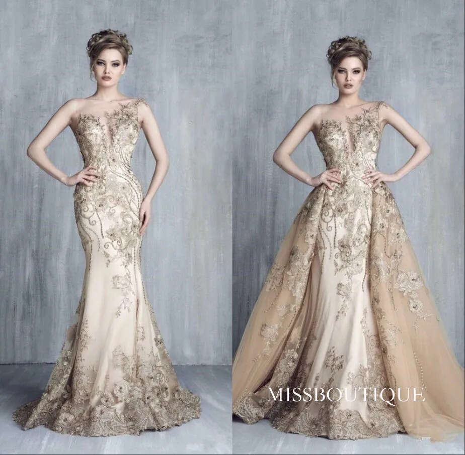 Tony Chaaya Evening Dresses With Detachable Train Champagne Beads Mermaid Prom Gowns Lace Applique Luxury Party Dress Vestidos De Novia Bc2740 B0312