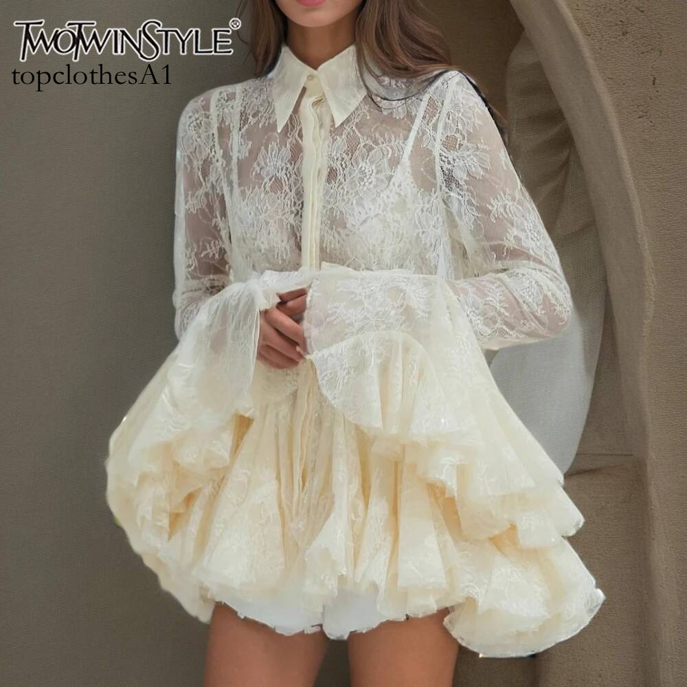 TWOTWINSTYLE Solid Sheer Spliced Lace Sexy Mini Dresses for Women Lapel Long Sleeves Patchwork Ruffles Folds Dress Female New