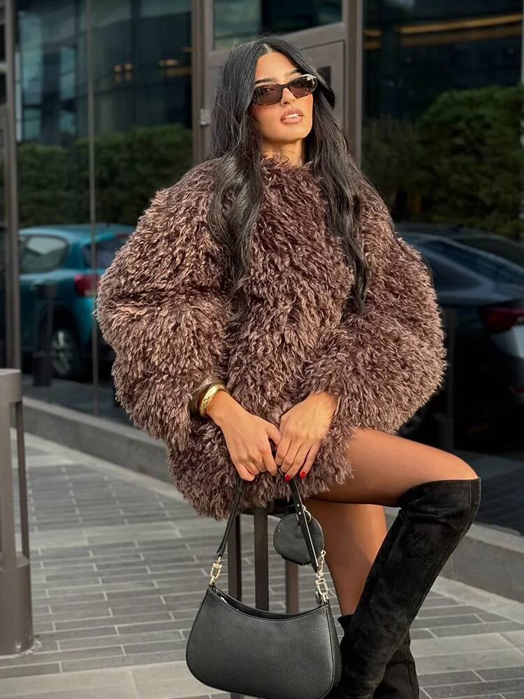 HH Women Fashion Long Sleeve Warm Faux Fur Effect Short Jacket Female Solid O-Neck Hidden Buckle Casual Chic Outwear