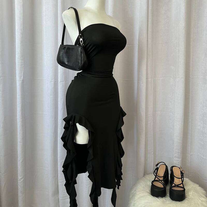 Women Strapless Sexy Floral Fold Hemline High Slit Mini 2024 Solid Backless Sleeveless Black And Pink Party Dress Vestidos C260312