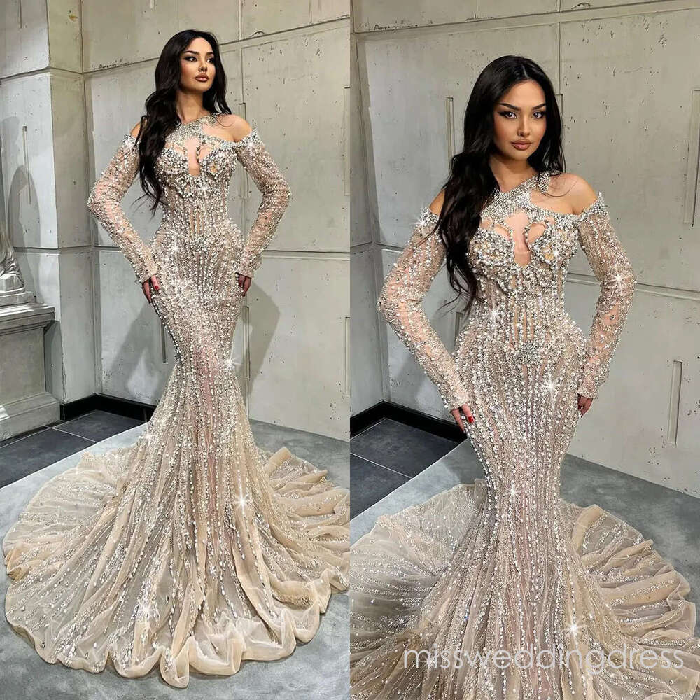Luxury Wedding Dresses Pearls Beading Bridal Gowns Crystal See Through Mermaid Long Sleeves Customized Princess Sweep Train Bride Dress Vestidos De No