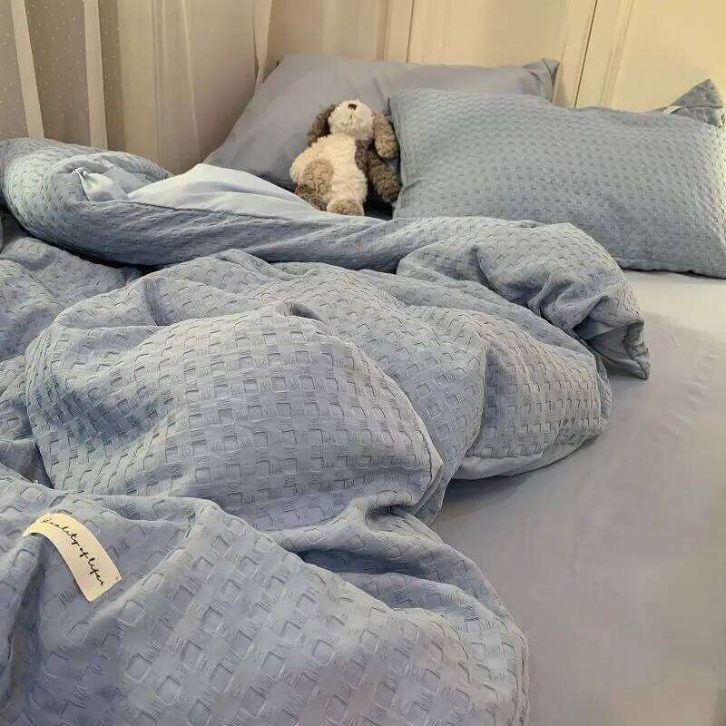 Bedding Set High Grade Light Washable Cotton Waffle Four Olive Green Quilt Cover Bed Sheet Dormitory Three Piece H260312