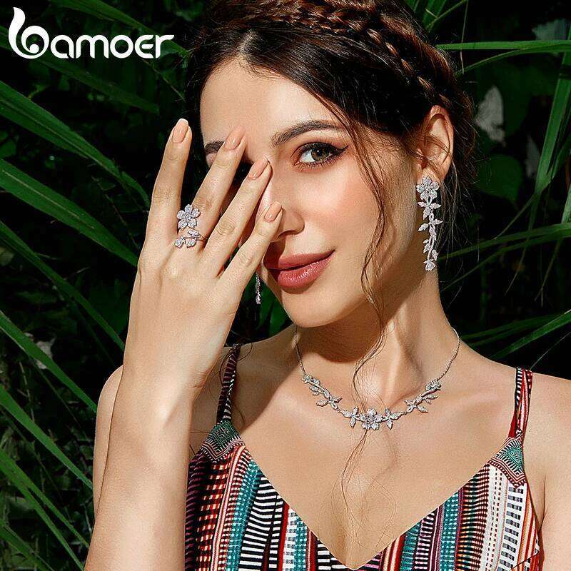 Bamoer 925 Sterling Silver Spring Sakura Opening Finger Flower Adjustable Ring for Women Zircon Fine Jewelry BSR076 H260312
