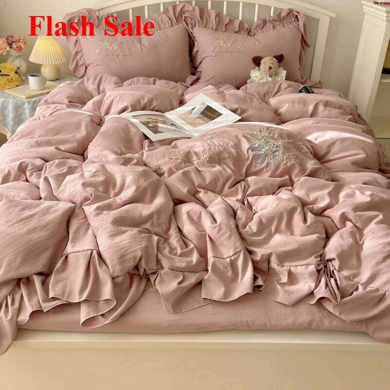 2025 new lace embroidery small fresh and cute girl heart four-piece set washed cotton summer sheet quilt cover bed hat H260312