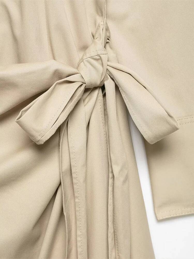 HH Woman Fashion Folds Strap Decoration Single Breasted Female Spring Long Sleeves Pockets Turn-down Collar Midi Dress