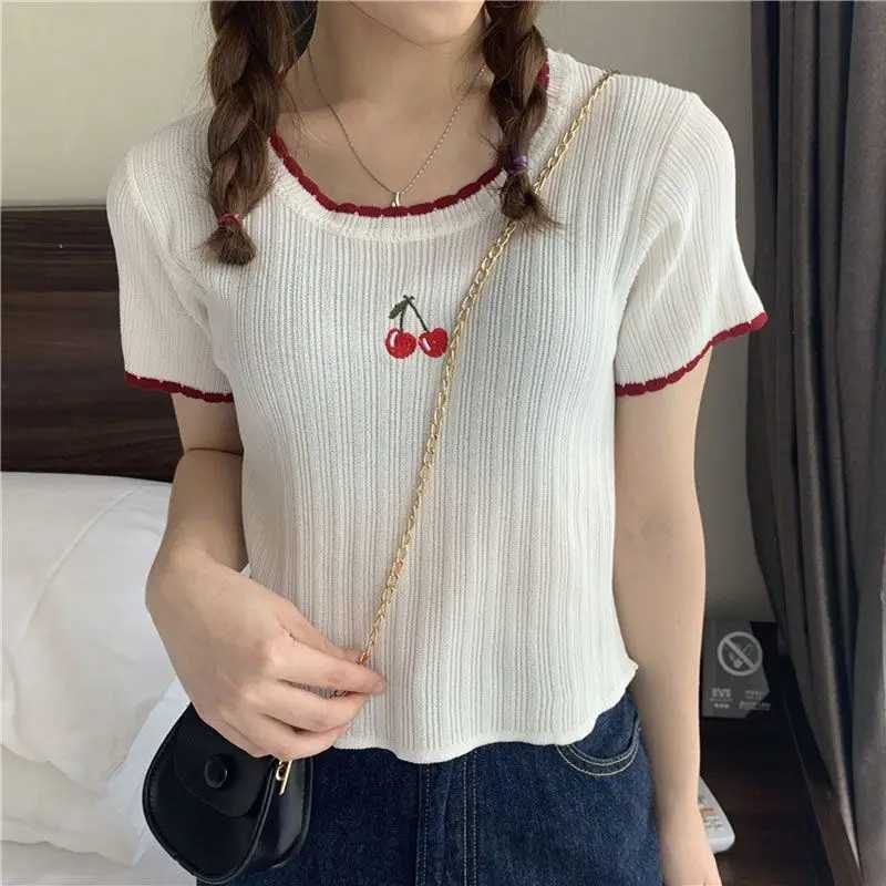 Women Summer Korean Fashion Embroidered Solid Color O-neck Women Clothes All-match Fashionable Slim Appear Thin Short Sleeve TopT260312