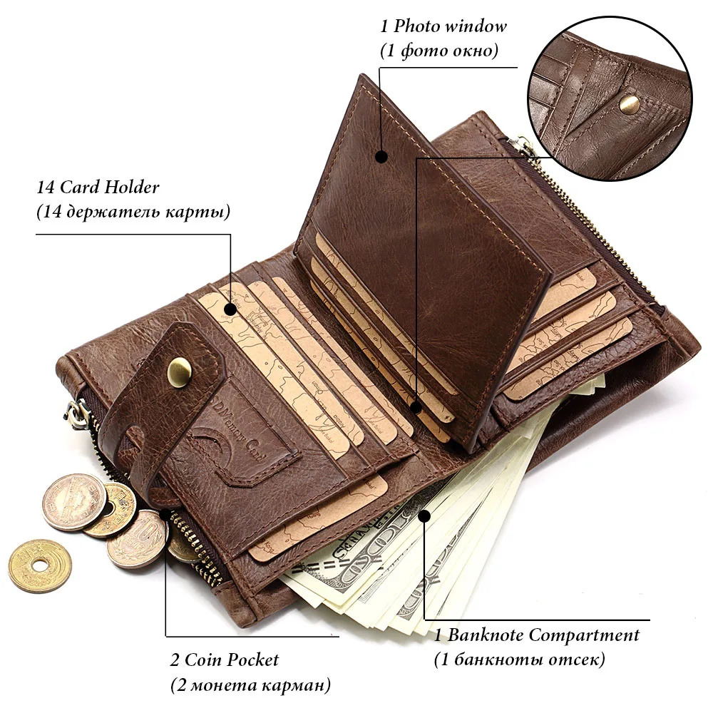HUMERPAUL Retro Wallet for Men RFID Genuine Leather Hasp Zipper Card Holder Coin Purse Short Bifold Men Women Portomonee 260304