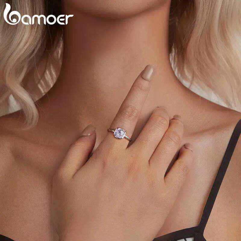 BAMOER 925 Sterling Silver Sparkling Square Gemstone for Women White Gold Plated Pattern Ring Fine Jewelry Gift BSR573 H260312