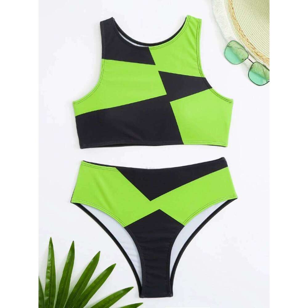 Sports Bikinis 2025 Women Waist Swimsuit Solid High Neck Swimwear Female Bathers Bathing Swimming Suit Summer Beachwear Y260303
