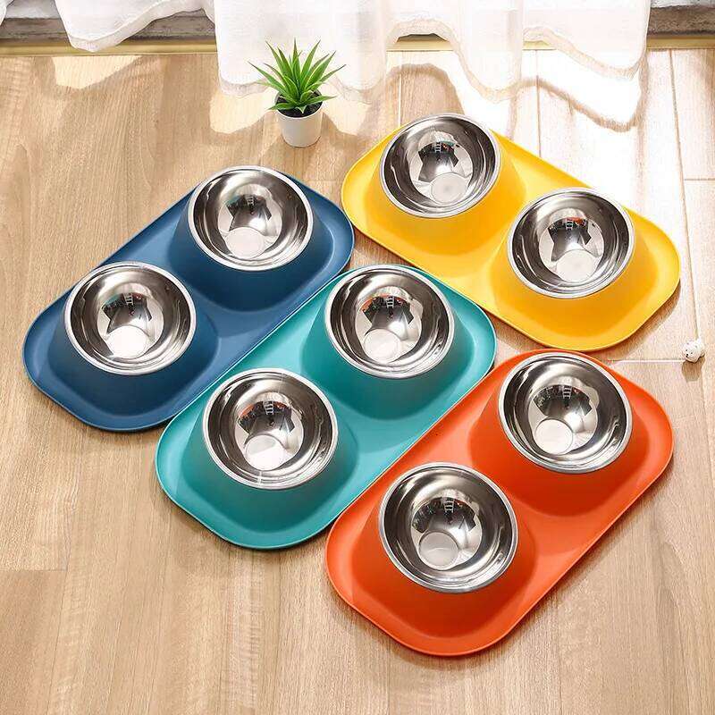 1pc Stainless Steel Double Dog Bowl Cat Food Container Non-slip Base Pet Water Feeder Tilt Safeguard Neck Puppy Cats Bowls 26Y0312