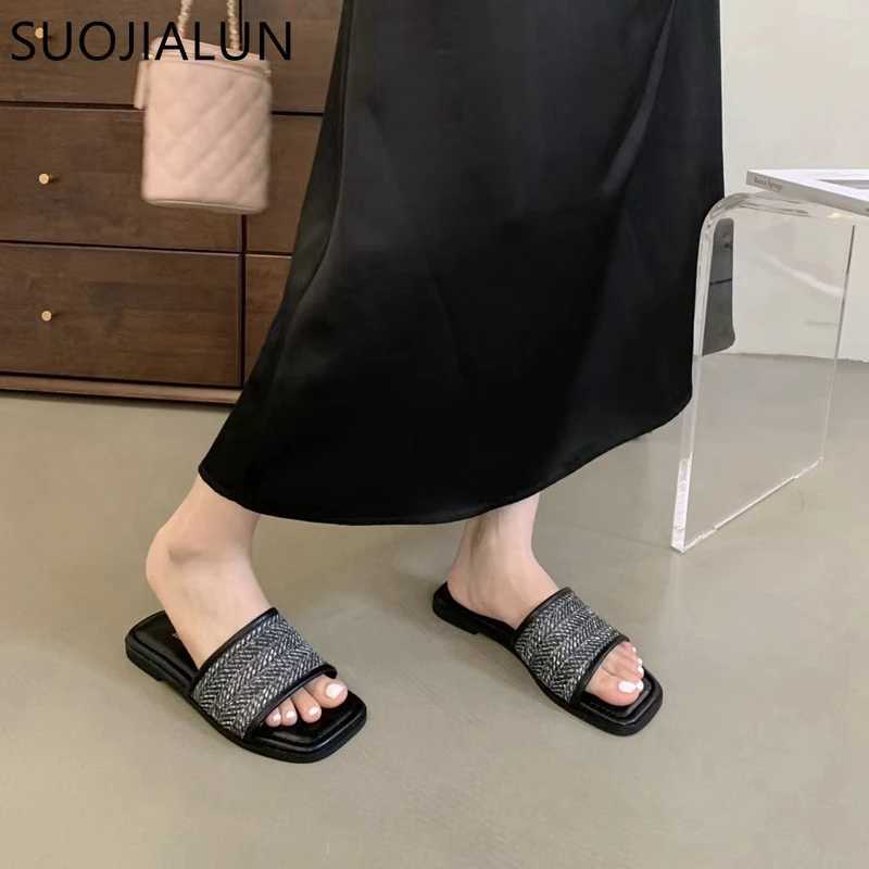 SUOJIALUN Summer New Women Slipper Fashion Square Toe Open Toe Slip On Slides Soft Flat Heel Ladies Vaction Outdoor Shoes K260312