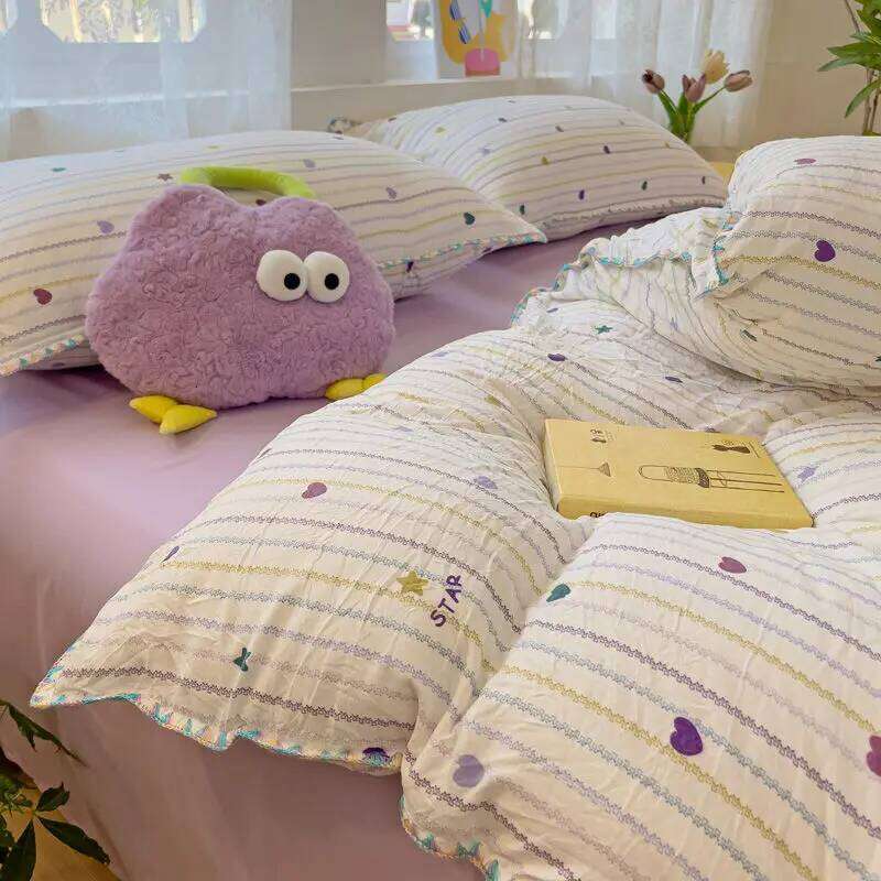 Ins Bedding Purple Love Stripe Double Layer Yarn Four Piece Dormitory Girl Heart Bed Sheet And Quilt Set Washed Cotton H260312