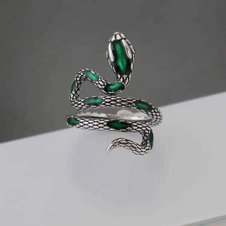 925 Sterling Silver Rings For Women Vintage Handmade Adjustable Retro Green Snake Ring Fashion Band Female Bijoux Gift H260312