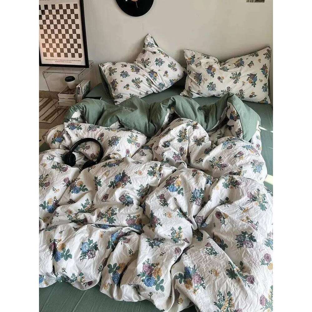 Korean Style Ins Retro Fresh Floral Washed Cotton Four Duvet Set, Student Dormitory Bed Sheet Three Piece Set H260312