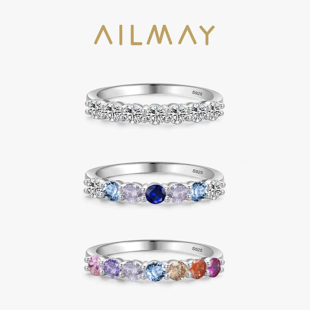 Ailmay 925 Sterling Silver Charm Rainbow Crystal Rings For Women Stackable Slim 3 Color Wedding Engagement Band Fine Jewelry H260312