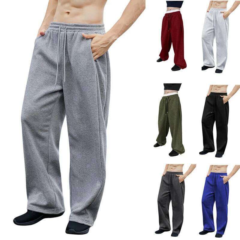 Men's Solid Color Sanitary Pants 2025 Drawstring Waist Straight Wide Leg Loose Fit with Pockets Versatile Sports Trousers