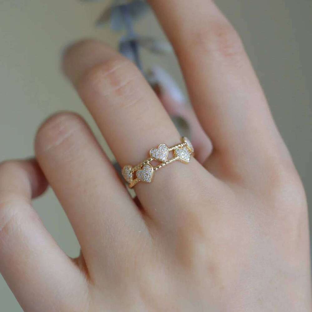 Fashionable S925 Sterling Silver Gold Plated Double full zircon heart charm Heart Simplicity Ring for women fine jewel H260312