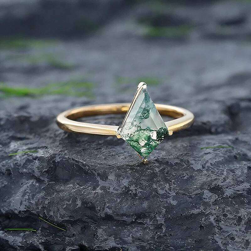 925 Sterling Silver Kite Shaped Moss Agate Engagement Ring Vintage Solitaire Rings for Women Unique Wedding Bridal Promise Gifts H260312
