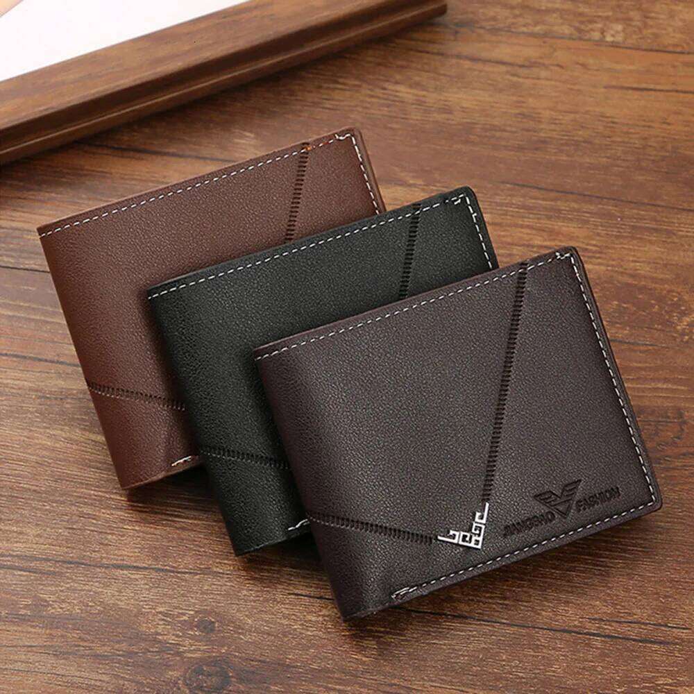 Lychee Texture Leather Clip Short Men'S Coin Wallet Business-Style Cash Money Purse Multi Patchwork Card Slot Holder