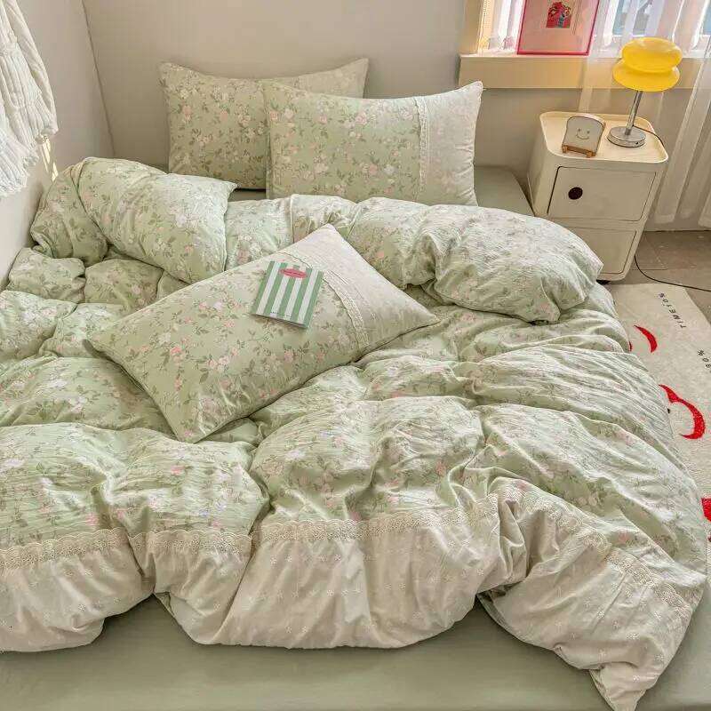INS French Style Fresh Floral Lace Trim Four-Piece Set Washed Cloud Cotton Quilt Cover Dormitory Bed Sheet Sets H260312
