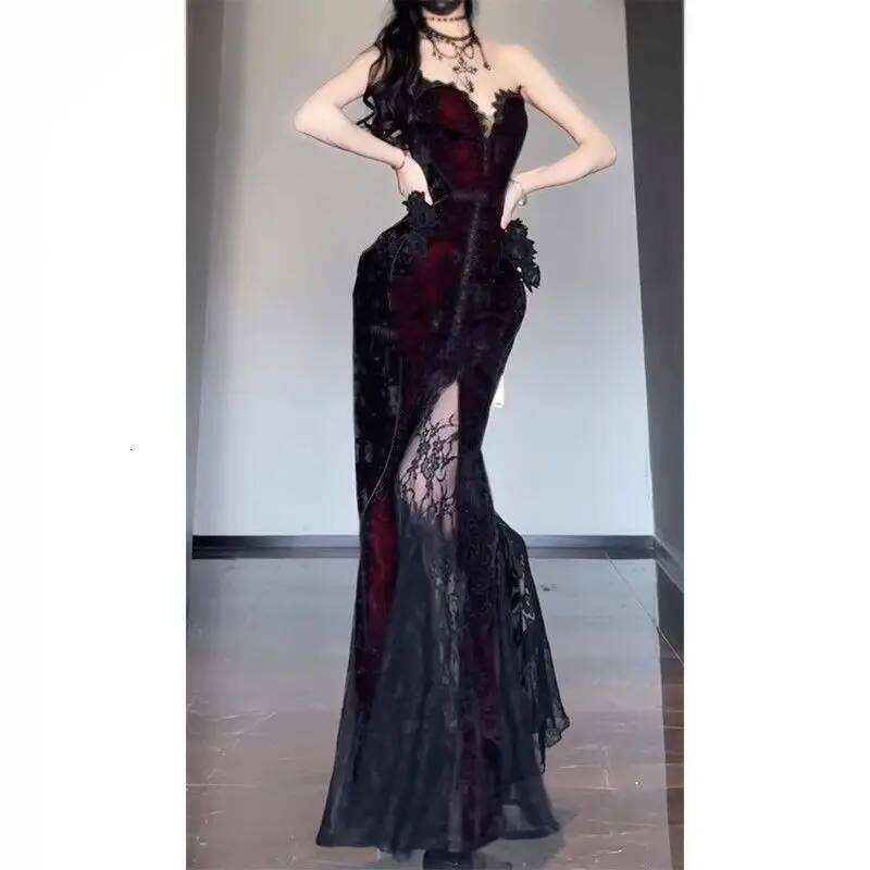 Summer Gothic Grunge Y2k Lace Women Dark Academia Sexy Slim Party Dresses Korean Fashion Design Festival Long Prom Dress C260312