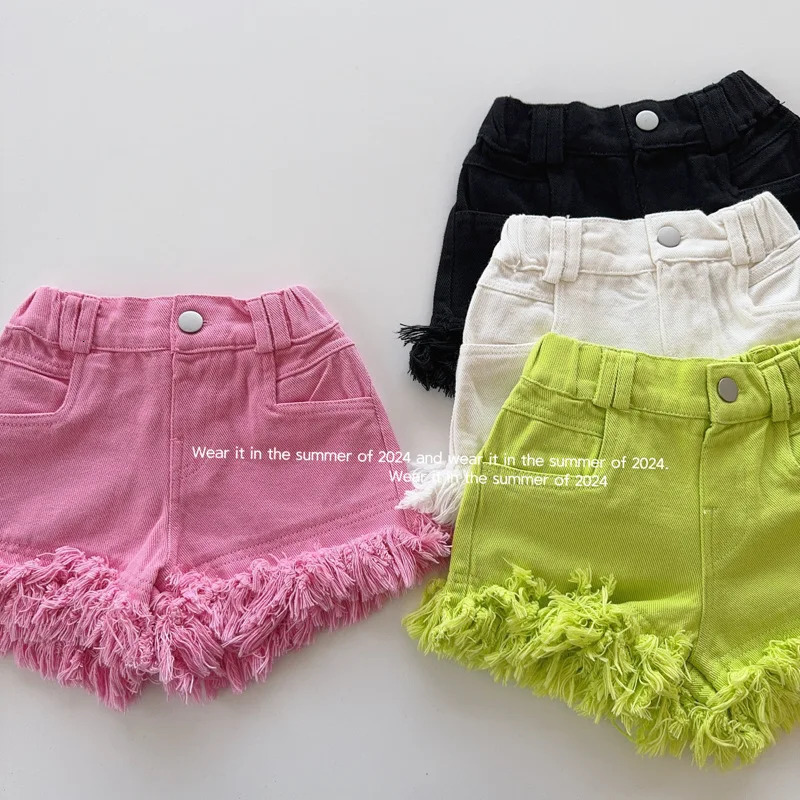 Summer Girls Tassel Denim Shorts Korean Childrens High Waist Loose Jeans Short Pants Girl Fashion Thin pants 27Years 260311