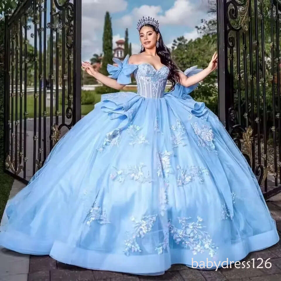 Princess Sky Blue Quinceanera Dress for Girls Off-Shoulder Corset Ball Gown Applique Customizable 15th Birthday Vestido De
