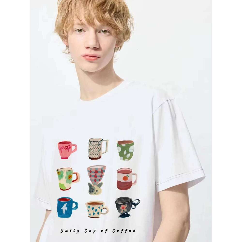 Daily Cups Coffee Print Crew Neck T-Shirt, Casual Short Sleeve Top For Spring & Summer, Women's Clothing Z260312