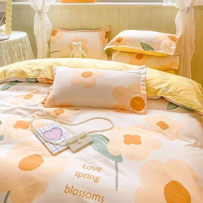 Nordic Style Blended Household Bed Sheet Pillowcase Skin-friendly Printed Bedding Four-piece Set Invisible Zipper Quilt Cover H260312