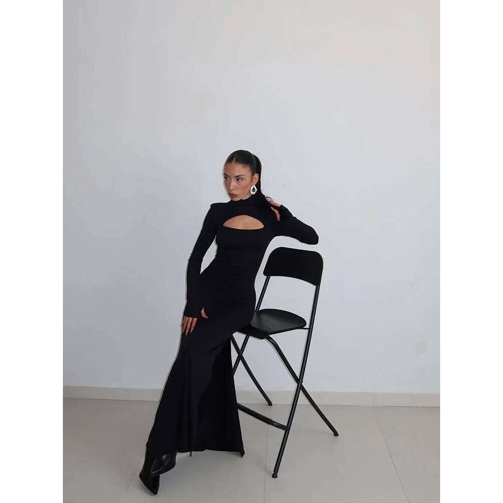 Ahagaga Sexy Sheath Women's Maxi Dresses Solid Turtleneck Regular Long Sleeves Hollow Out Slim Fit Bodycon Party Vestidos Robes C260312