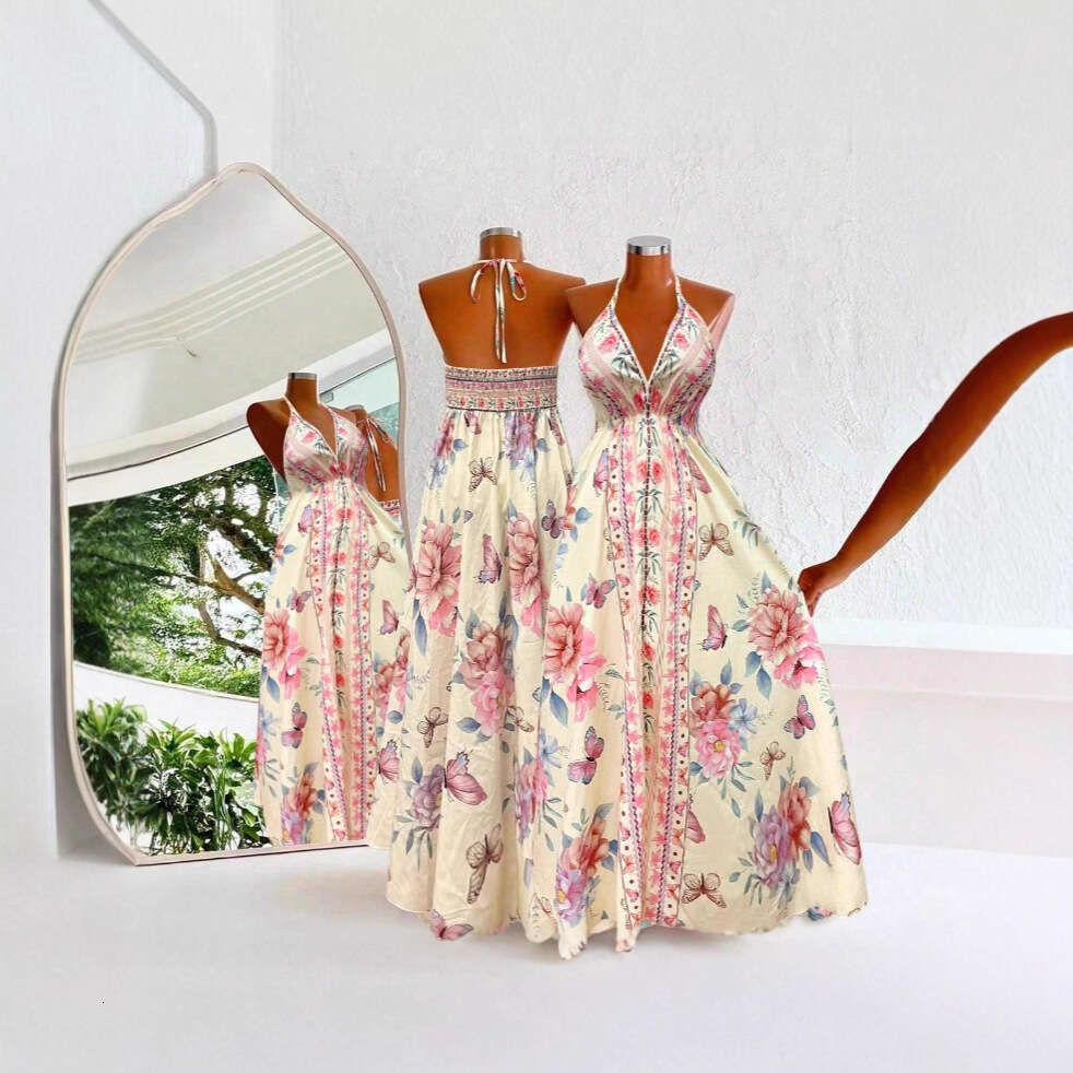 New European American women's fashion dress for commuting, with halter neck, hollow back, and patterned print, available in plus sizes