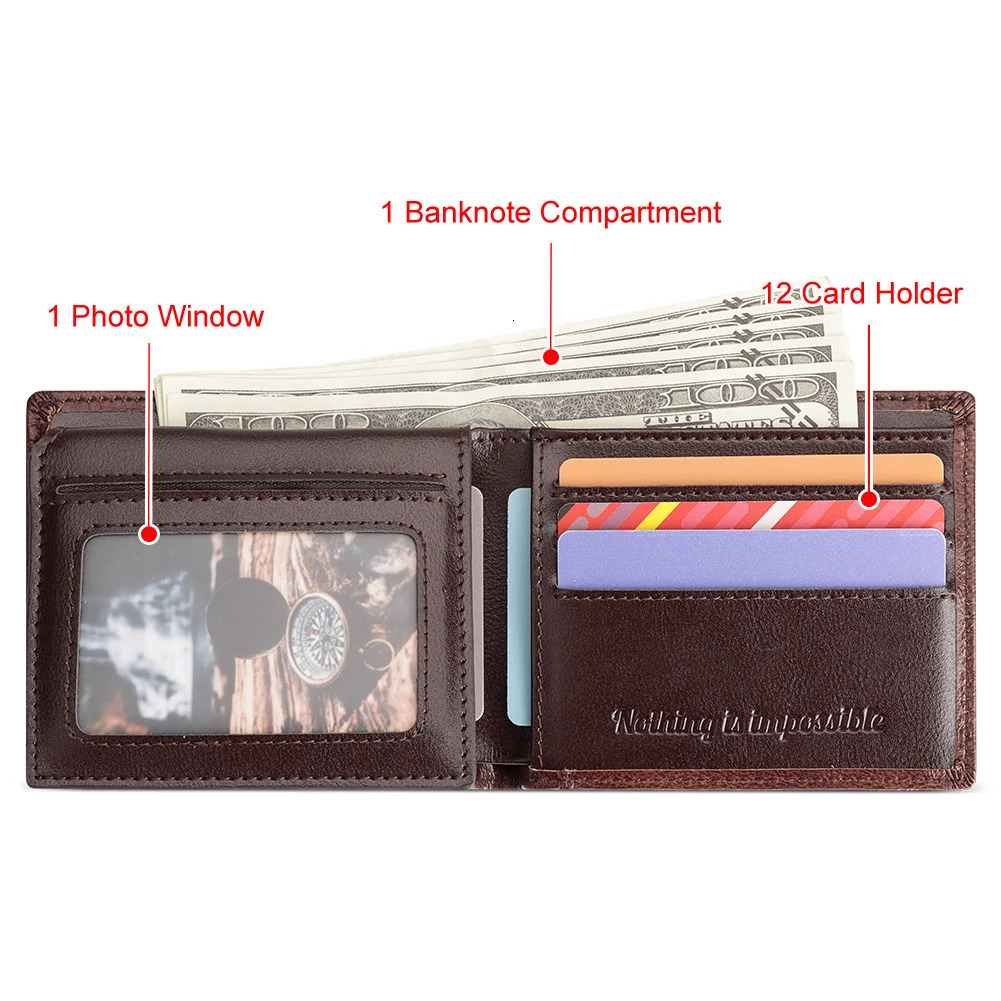 KAVIS Handmade Mens Wallet Genuine Leather RFID Card Holder with ID Window Large Capacity Male Storage Money Bag Fashion 260304