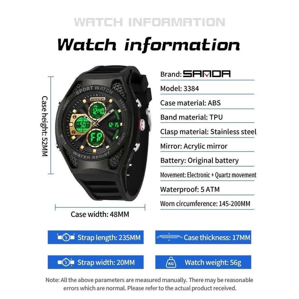 Sanda 3384 Top Sports Electronic Quartz Waterproof Timing Multi functional Military Men's Watch
