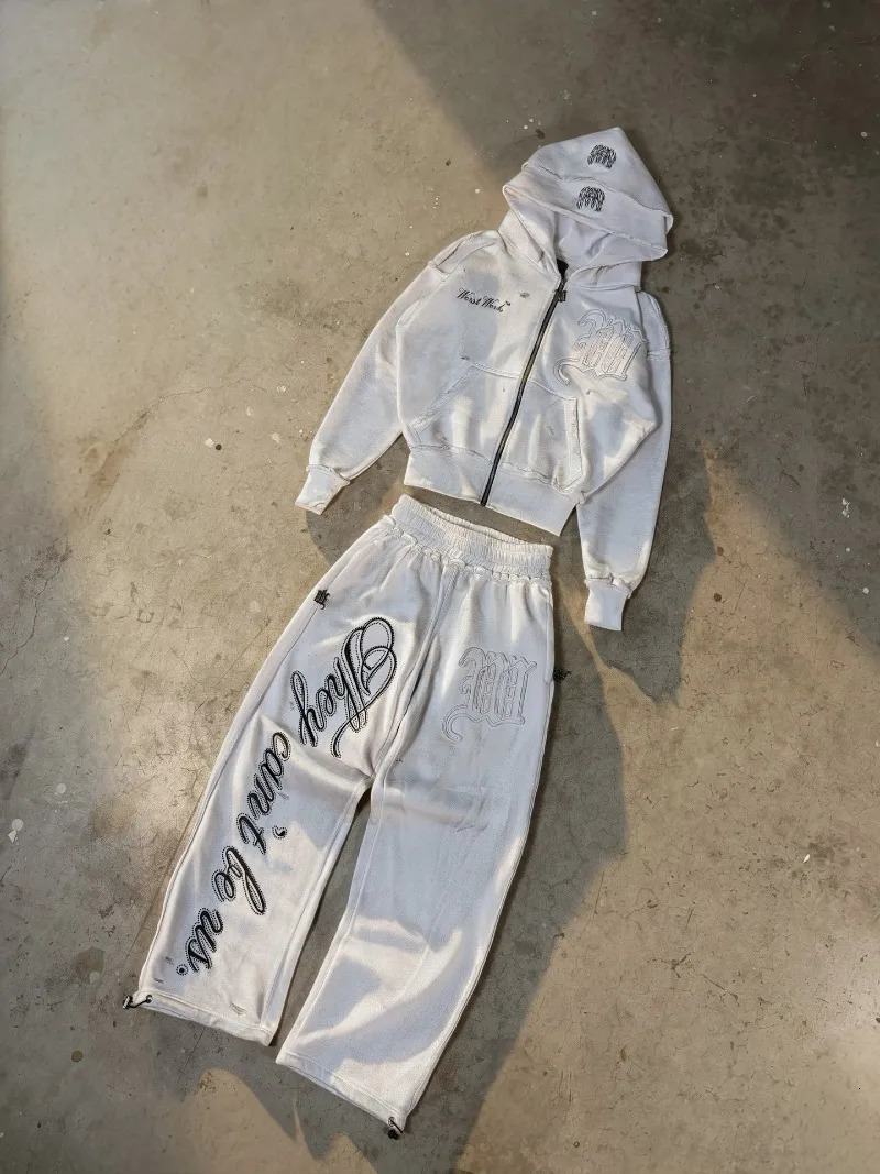 Y2K Letter Embroidery Loose Couple Sportswear Suit European and American High Street Trendy Zipper Hoodie Sweatpants Men 260311