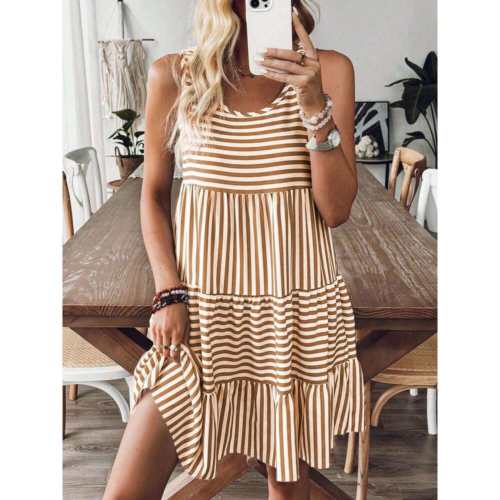 2025 Summer New Pullover Round Neck Loose Sleeveless Women, European and American Fashion Trend Striped Short Dress for Women