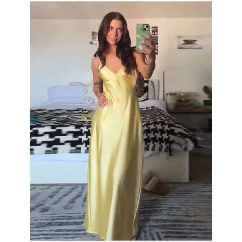 HH Women Summer Yellow Stain V Neck Sling Dress Elegant Sleeveless Loose Maxi Robes 2025 New Ladies Party Holiday Dresses C260311