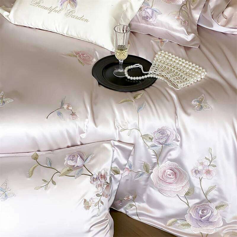Pink Flowers Embroidery Brocade Egyptian Cotton Soft Silky Bedding Set Duvet Cover Flat/Fitted Bed Sheet Pillowcase 4Pcs H260312