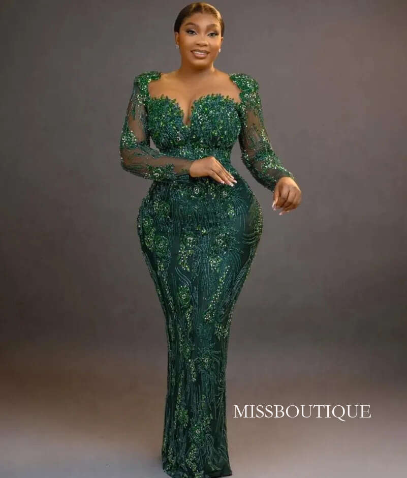 Aso Ebi Dark Green Mermaid Prom Dress Crystals Beaded Lace Evening Formal Party Second Reception 50Th Birthday Engagement Gowns Dresses Robe De Soiree